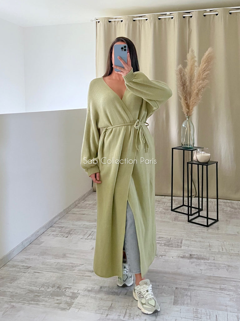 Gilet Long Maille Cache Cœur Anis