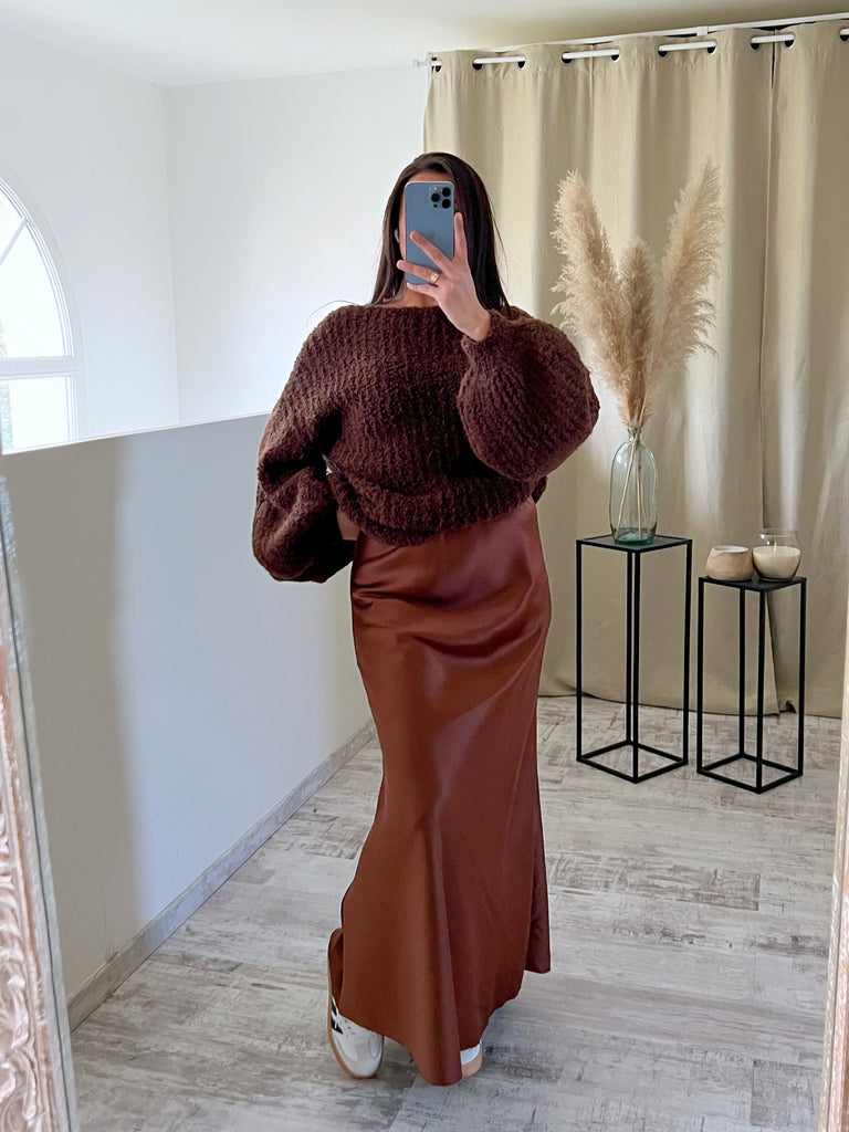 Jupe Longue Satin Opaque Marron