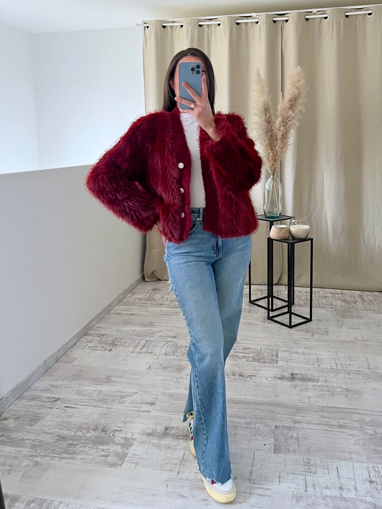Veste Cardigan Fourrure Bordeaux