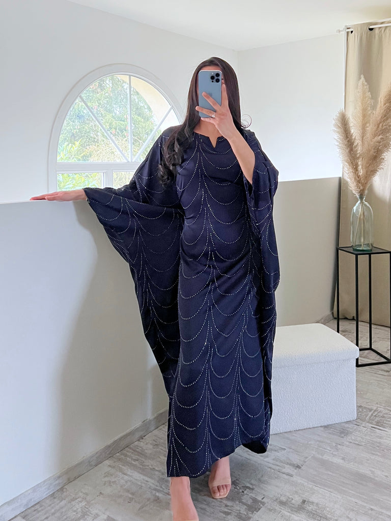 Robe Satin Strass Manches Papillon Marine