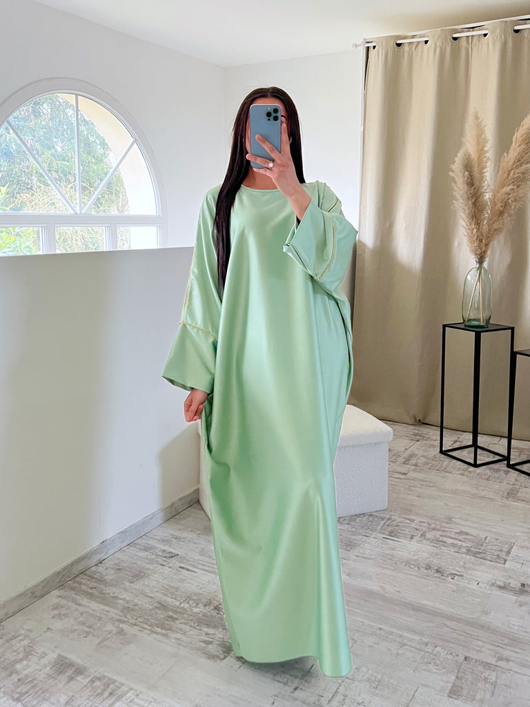 Abaya Satin Bordures Dorés Mint