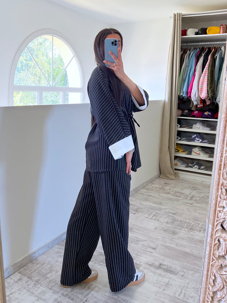 Ensemble Tunique Manches Revers Rayé Noir