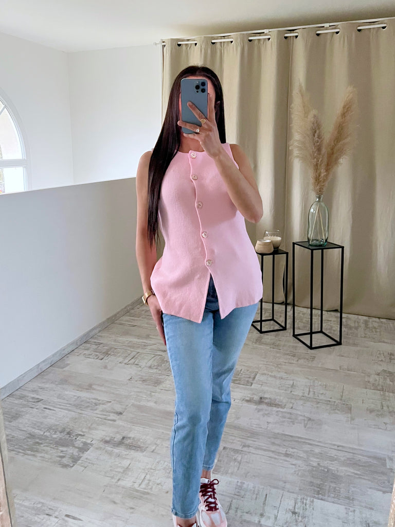 Top Maille Boutons Dorés Sans Manches Rose