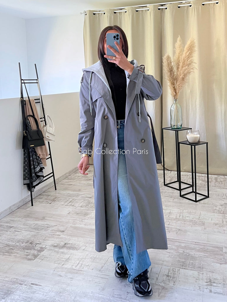 Trench Long À Capuche Gris