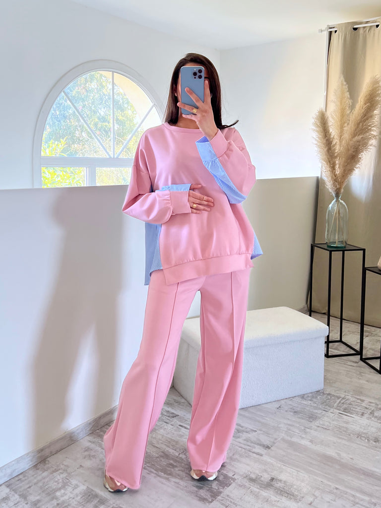Ensemble Bi Matière Chemise Rose