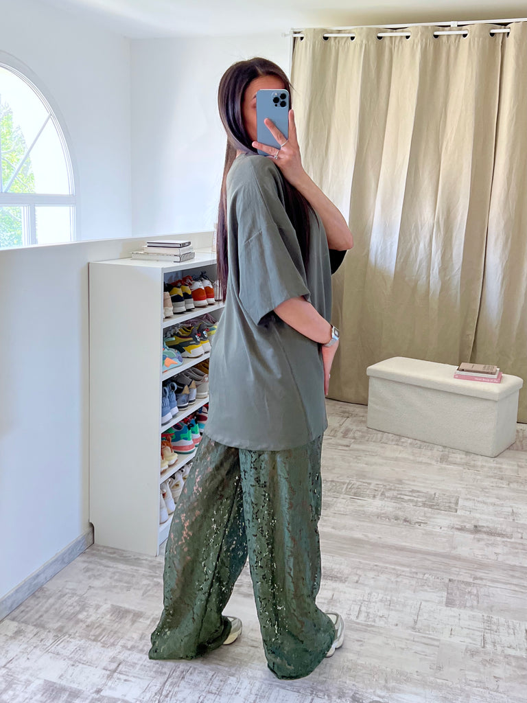 Ensemble Pantalon Dentelle Tshirt Kaki