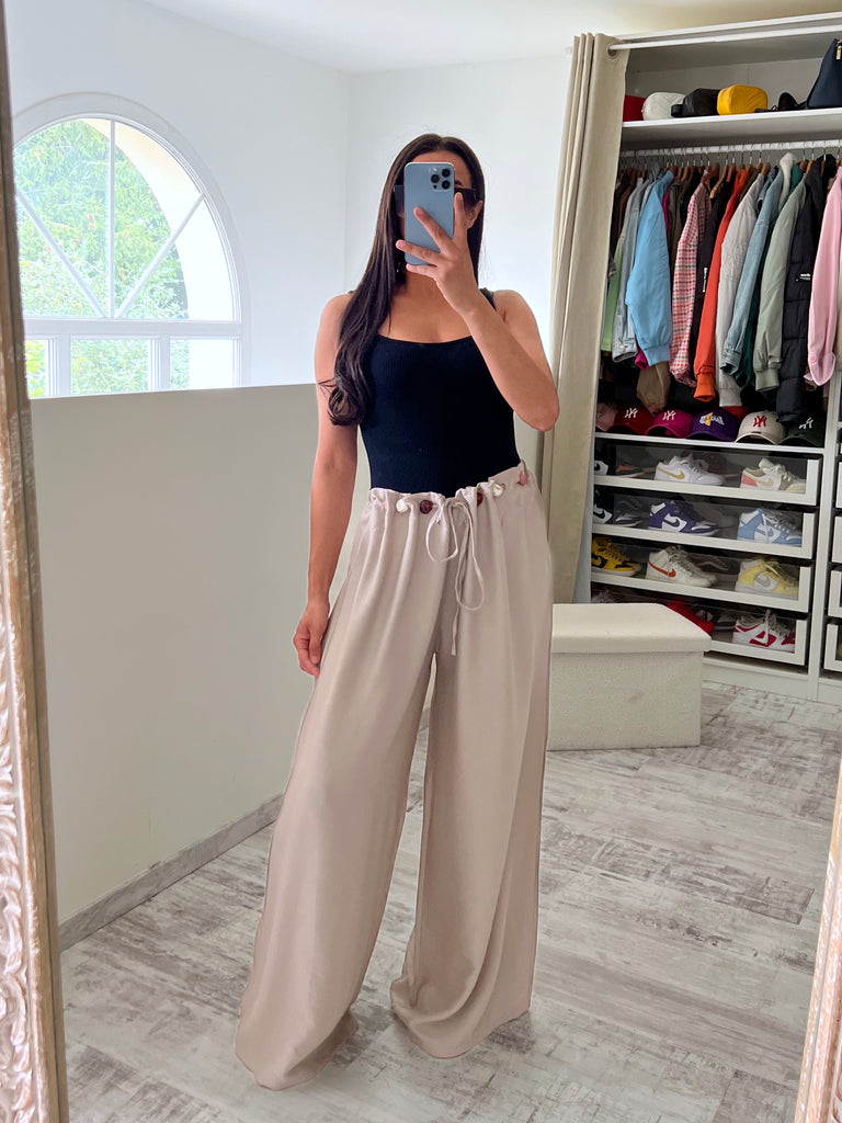 Pantalon Lin À Ceinture Pierres Taupe