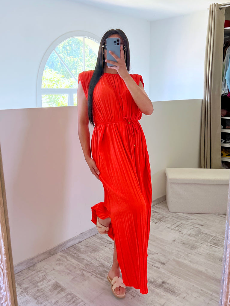 Robe Plissée À Ceinture Orange