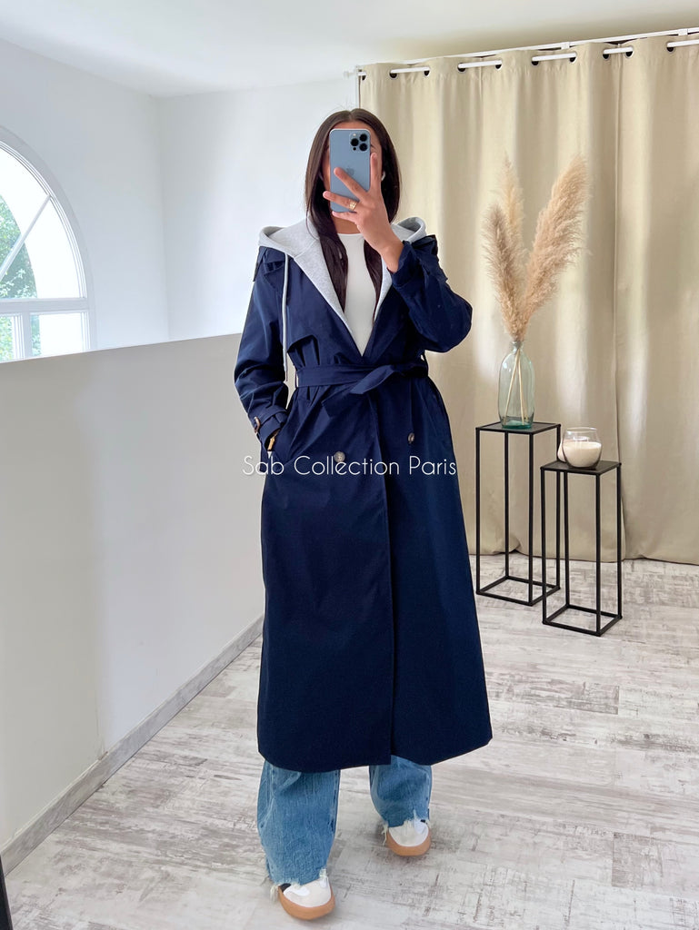 Trench Long À Capuche Marine