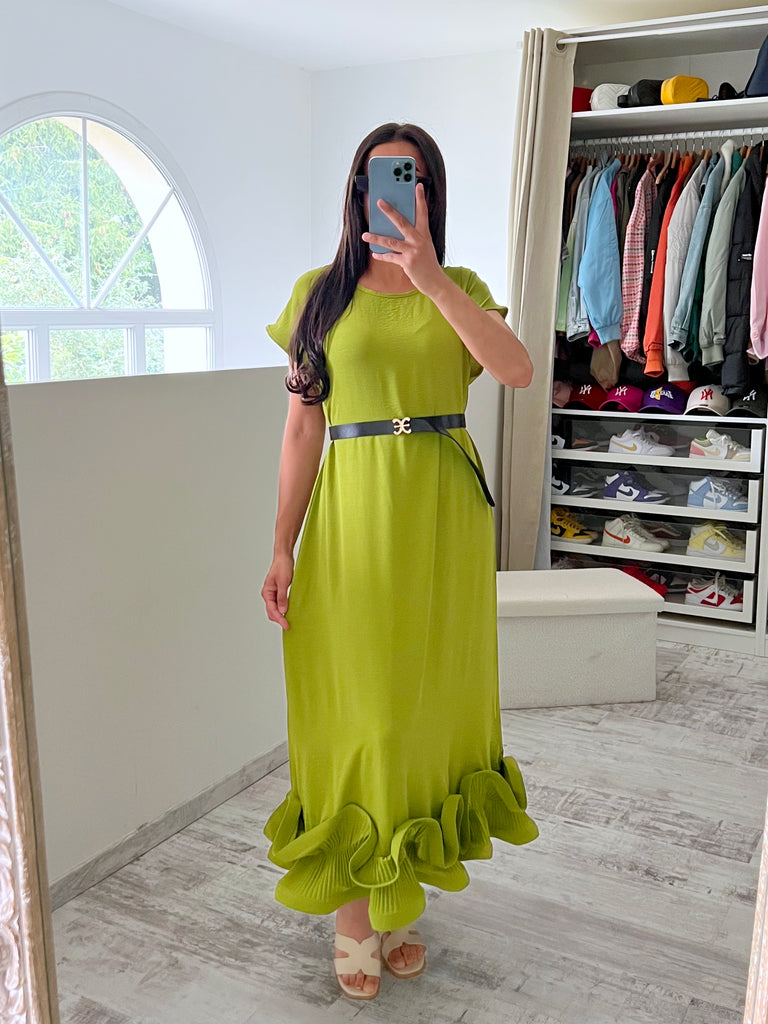 Robe À Ceinture Et Bas Volants Anis