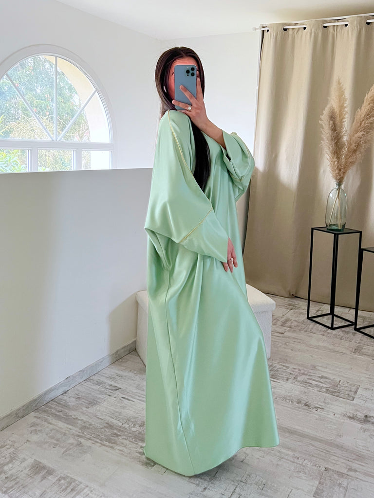 Abaya Satin Bordures Dorés Mint