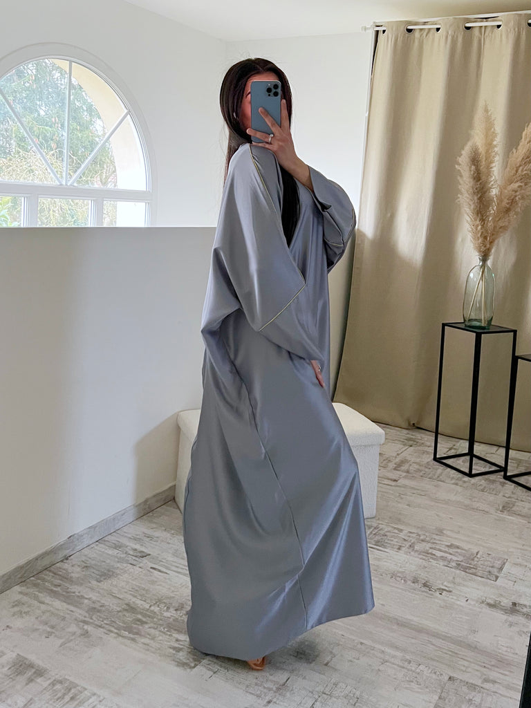 Abaya Satin Bordures Dorés Gris