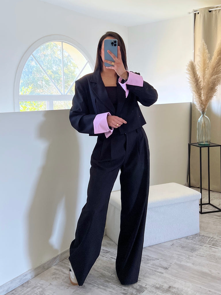 Ensemble Blazer Court/Pantalon Revers Noir/Rose