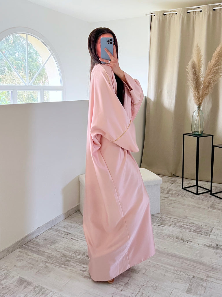 Abaya Satin Bordures Dorés Rose