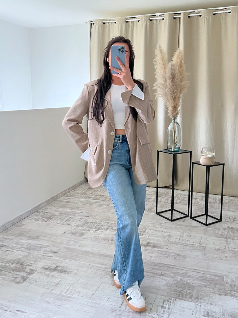 Blazer Manches Revers À Rayures Taupe