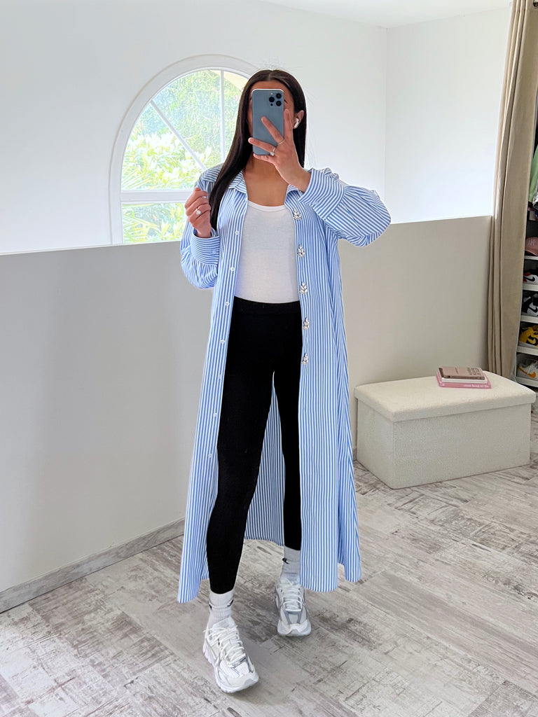 Chemise Longue À Rayures Et Strass Bleu
