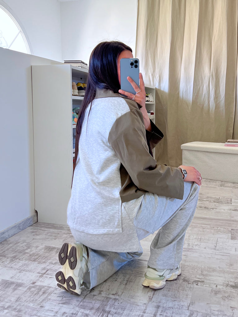 Trench Court Bi Matière Kaki/Gris