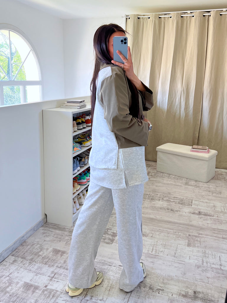 Trench Court Bi Matière Kaki/Gris