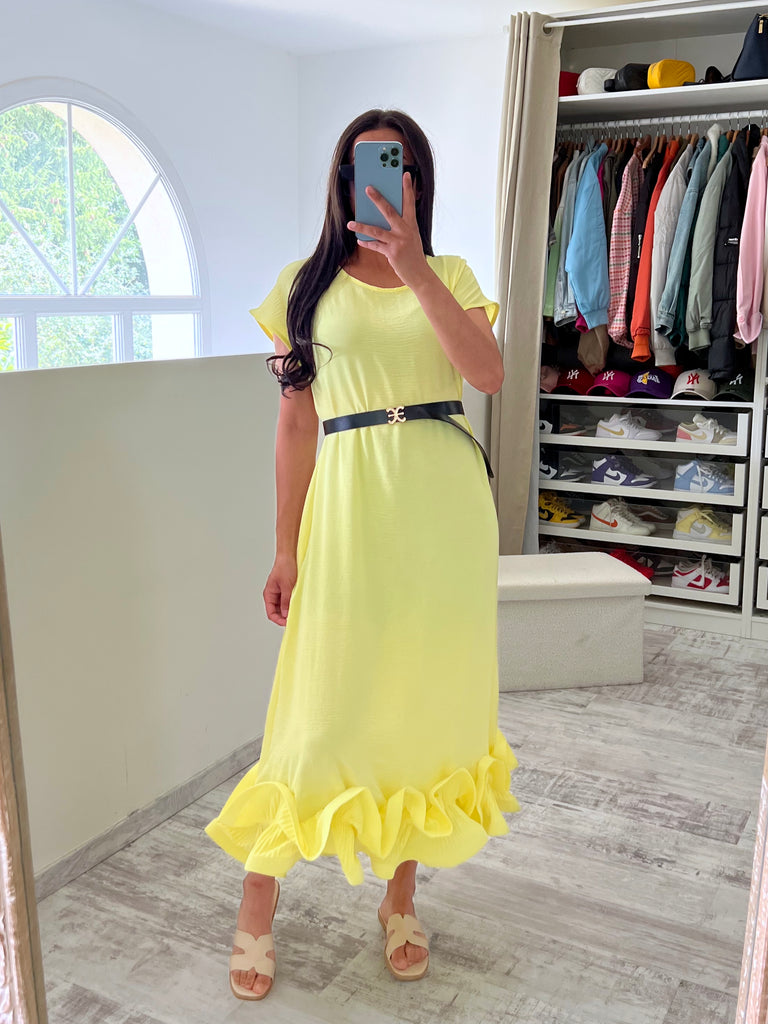 Robe À Ceinture Et Bas Volants Jaune