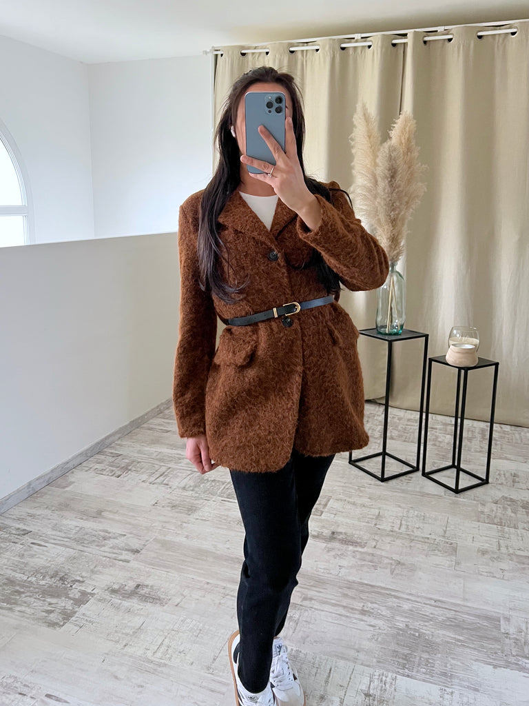 Veste Moumoute À Ceinture Marron