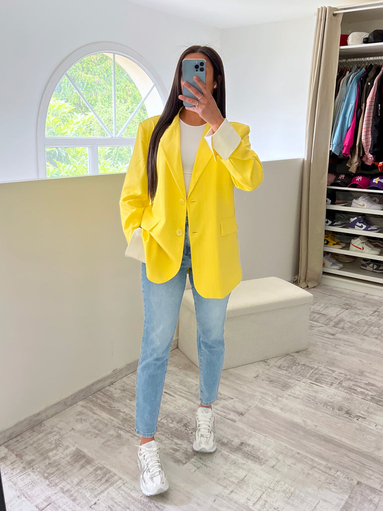 Blazer Manches Revers Rayures Jaune