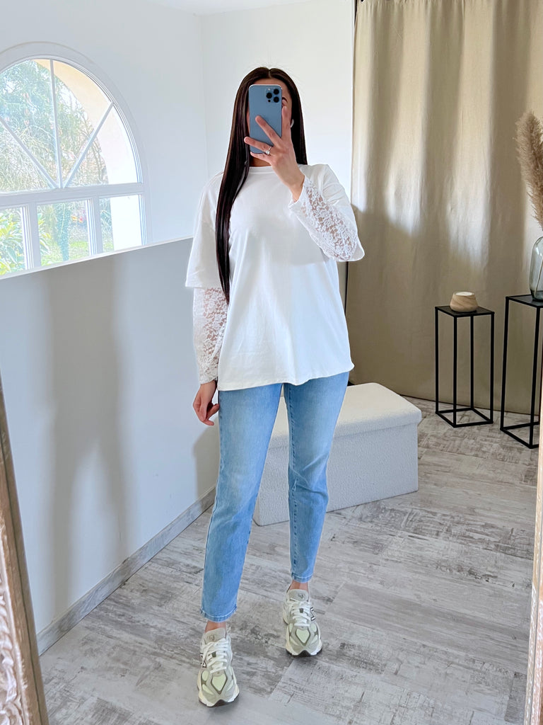 T shirt Manches Dentelles Blanc