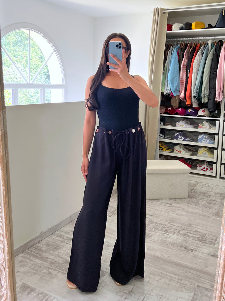 Pantalon Lin À Ceinture Pierres Noir