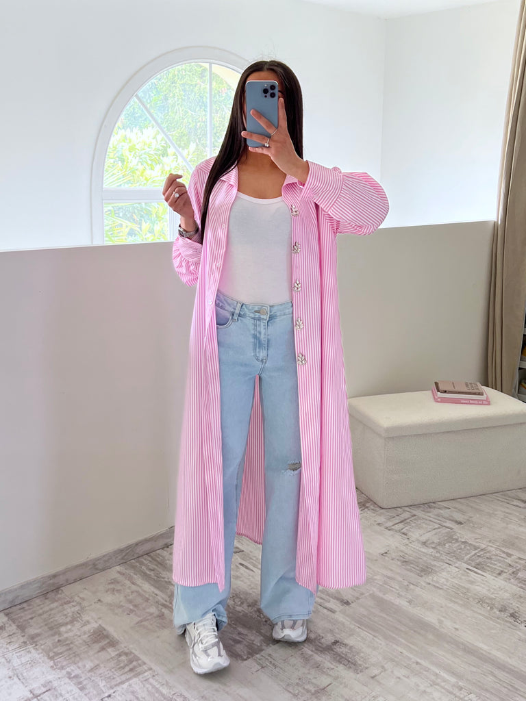 Chemise Longue À Rayures Et Strass Rose