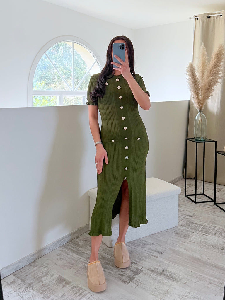 Robe Inspiration Boutons Dorés Kaki