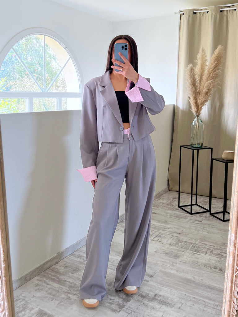 Ensemble Blazer Court/Pantalon Revers Gris/Rose