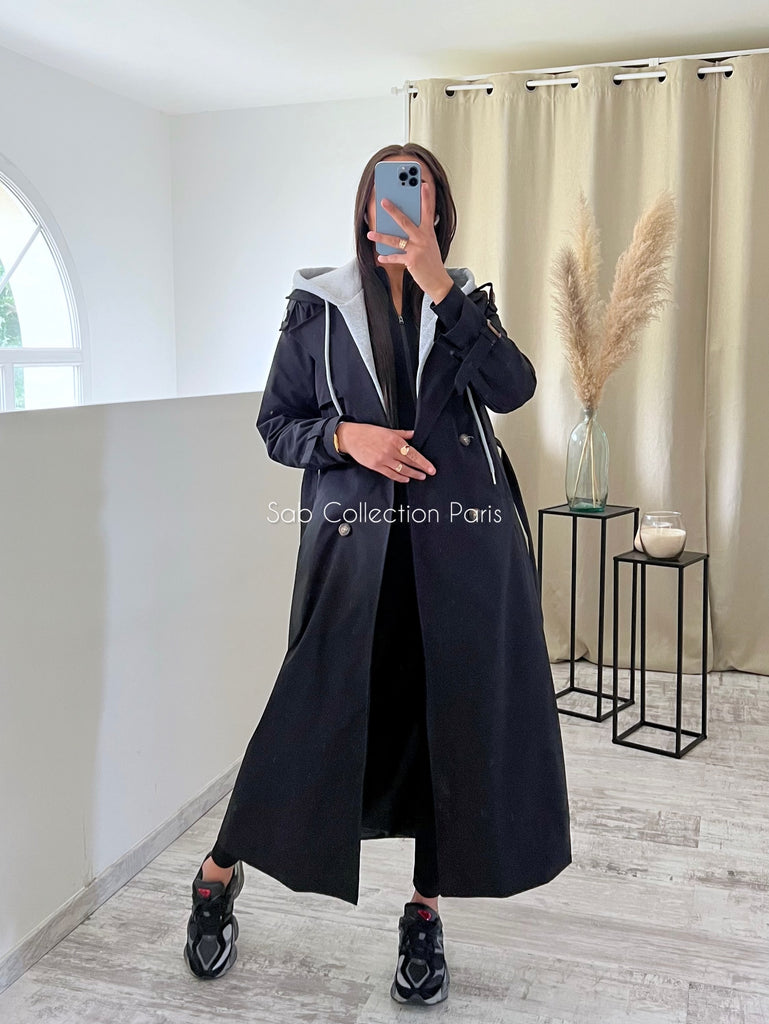 Trench Long À Capuche Noir