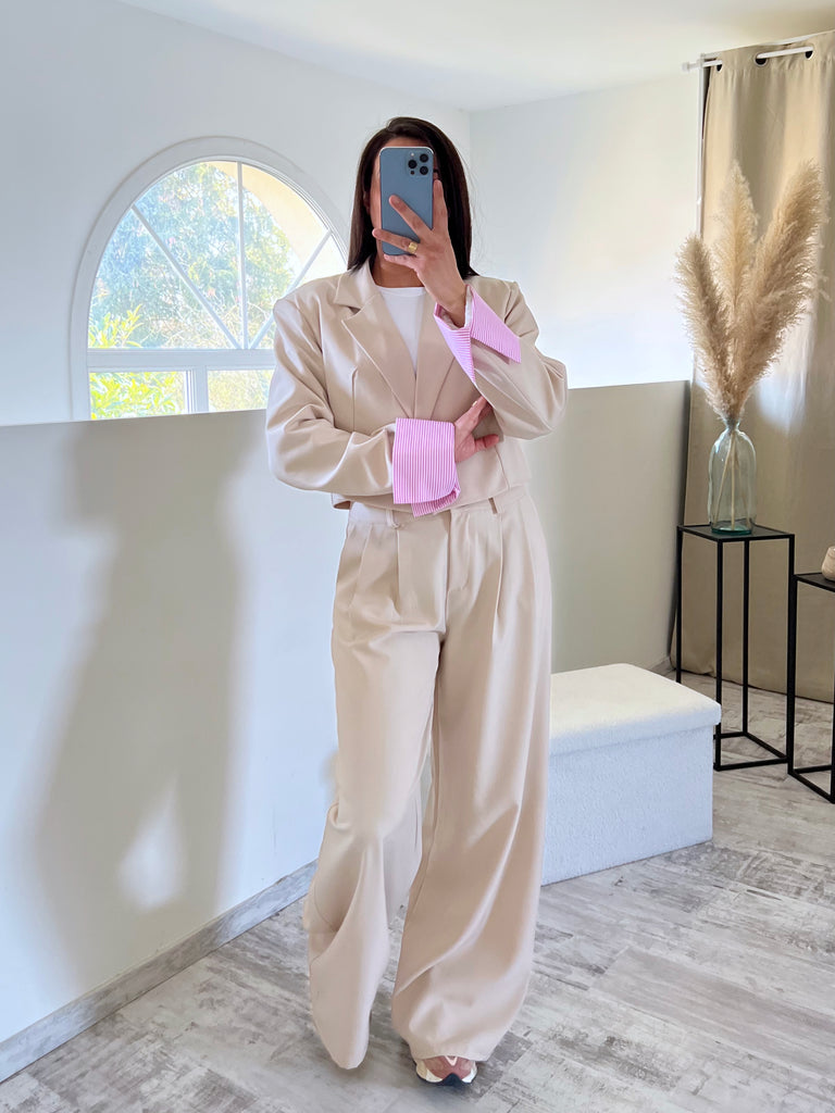 Ensemble Blazer Court/Pantalon Revers Nude/Rose