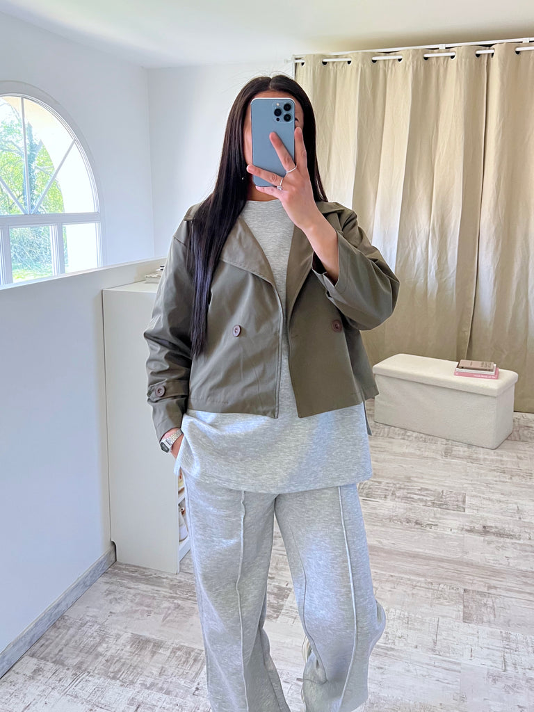 Trench Court Bi Matière Kaki/Gris