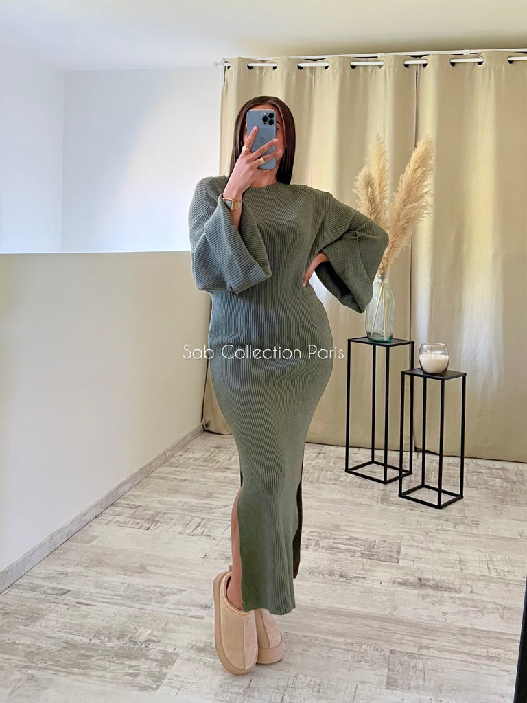 Robe Maille Manches Retroussées Kaki