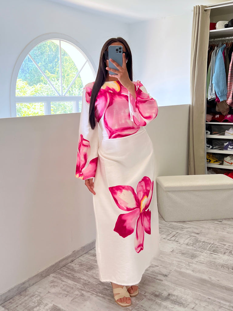 Robe Effet Lin À Fleurs Rose