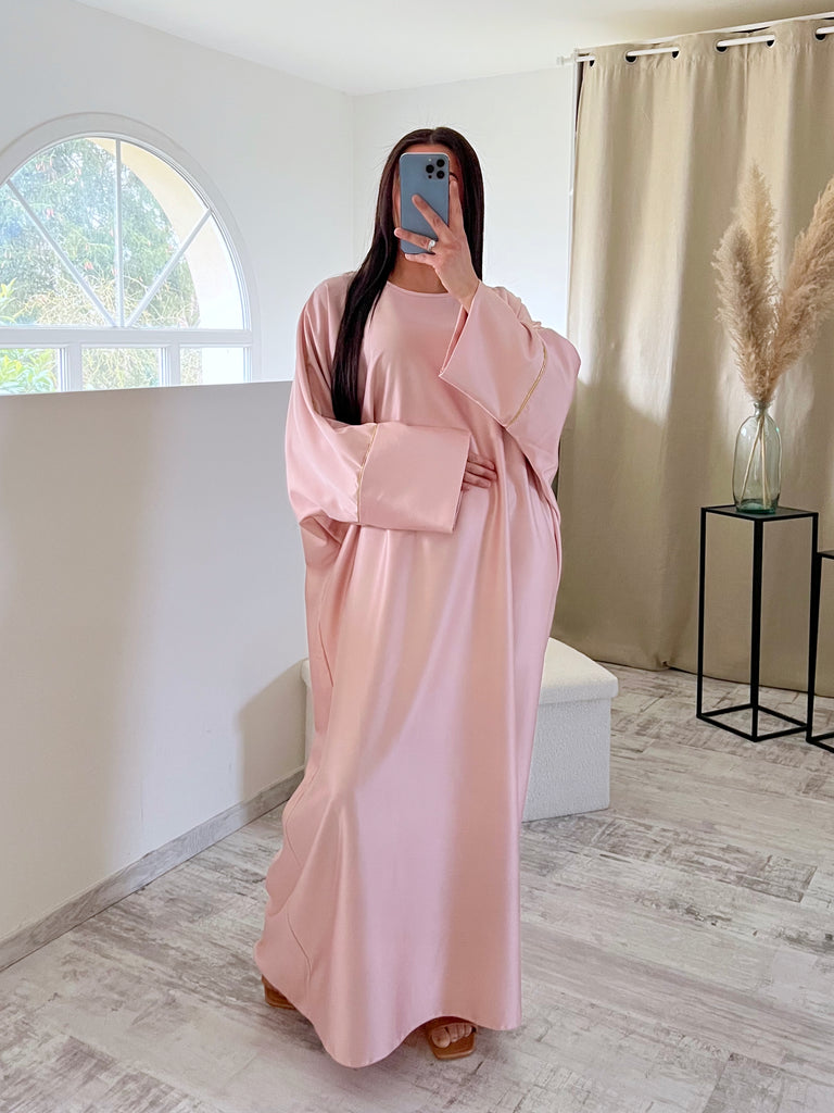 Abaya Satin Bordures Dorés Rose
