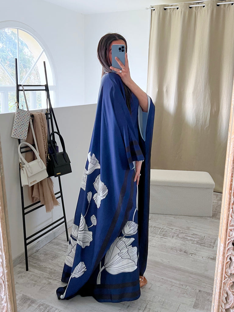 Robe Satin Manches Papillon Marine
