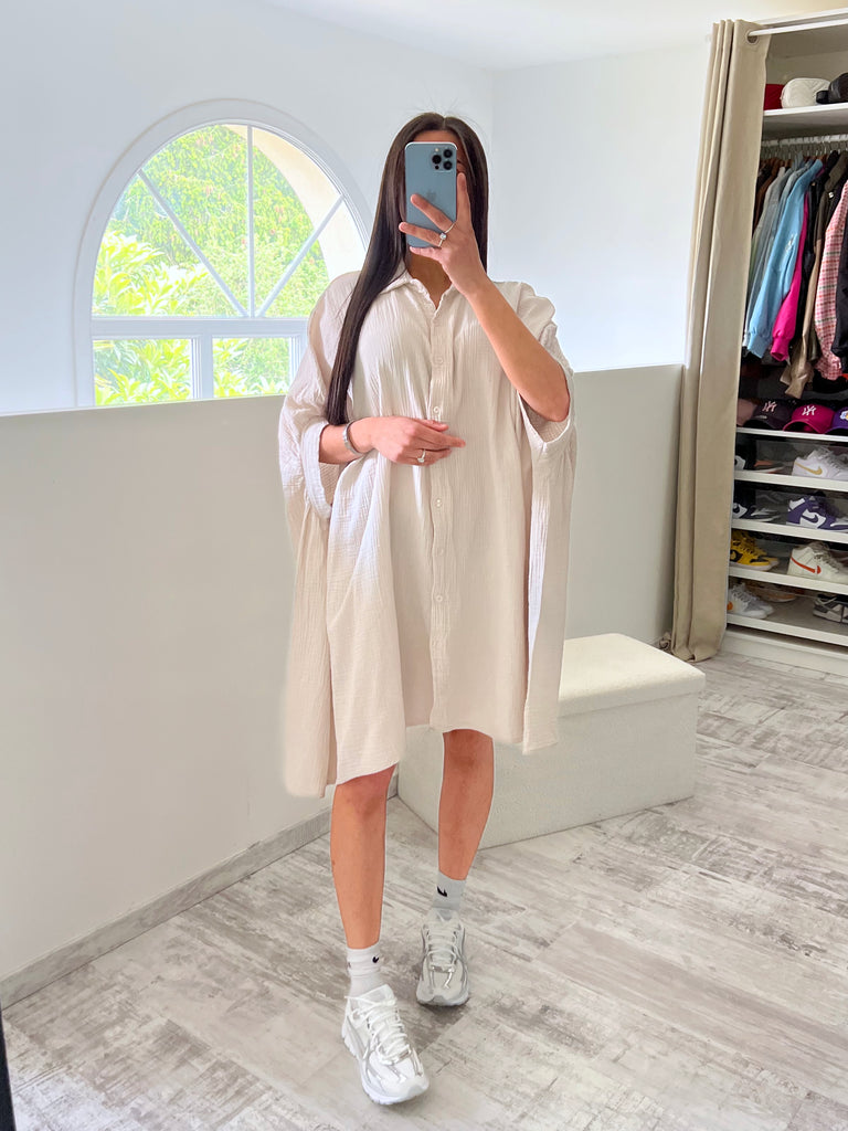 Robe Chemise Asymétrique Gaz De Coton Beige