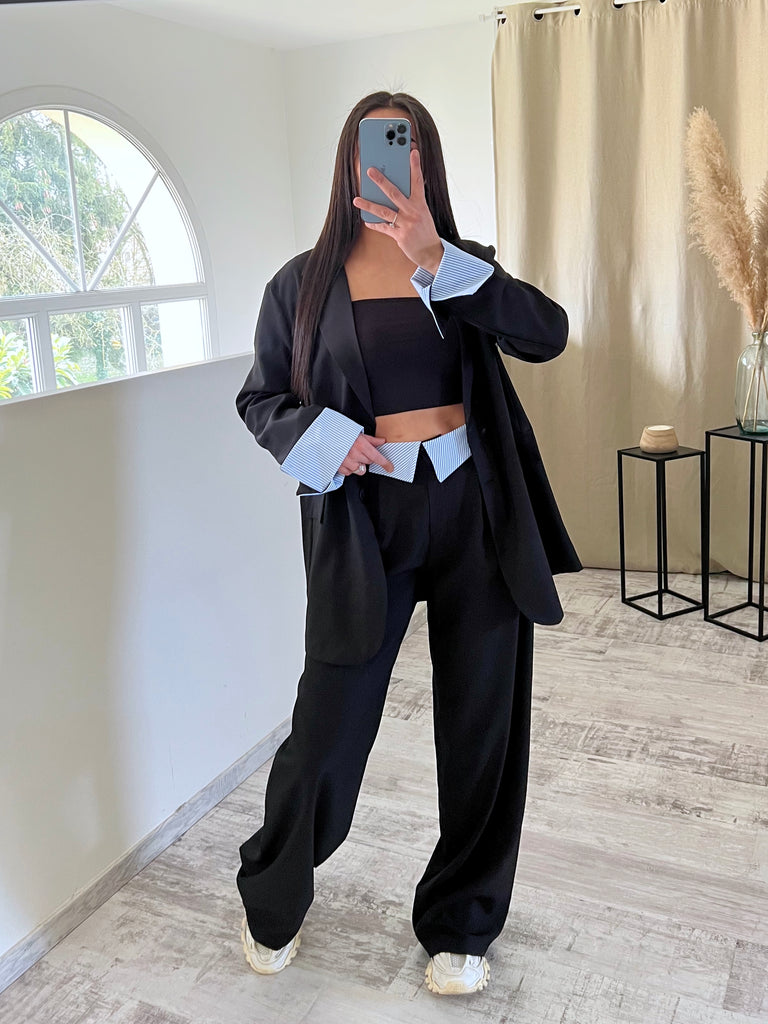 Ensemble Blazer/Pantalon Revers Noir/Bleu