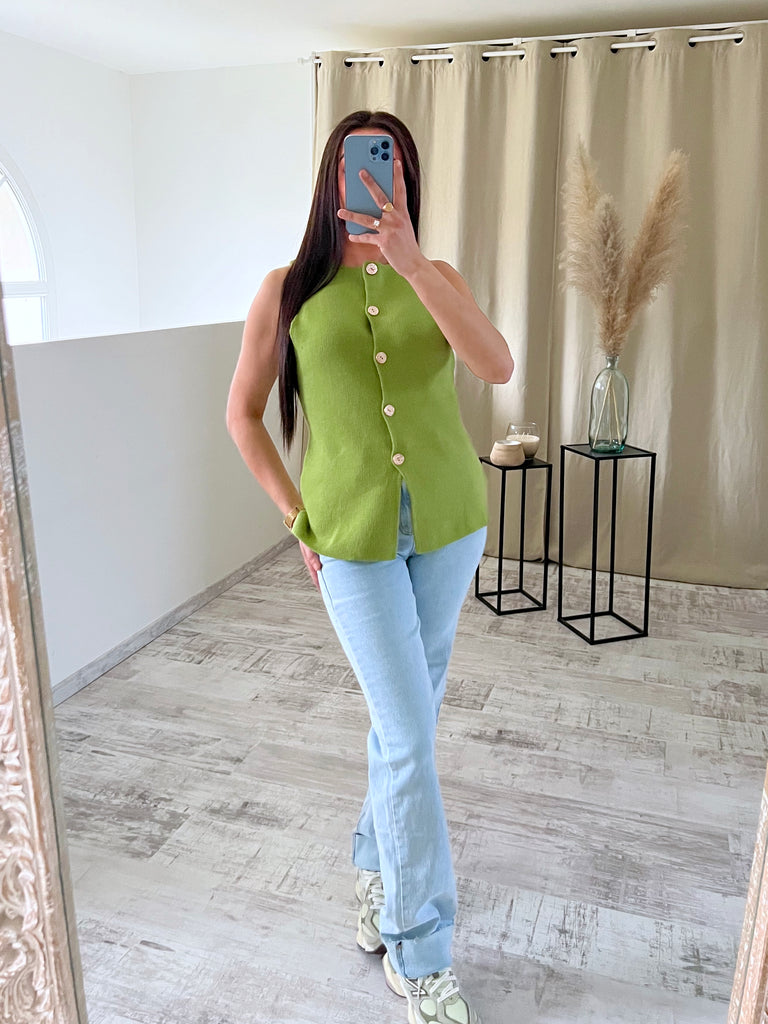 Top Maille Boutons Dorés Sans Manches Anis