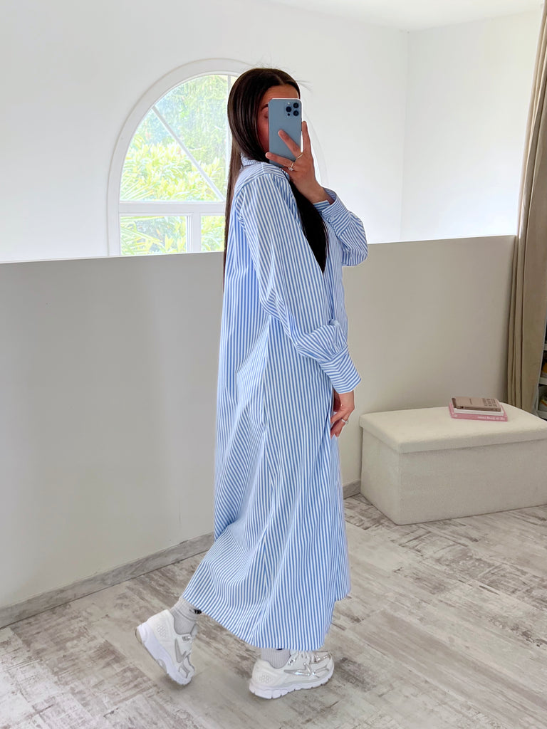 Chemise Longue À Rayures Et Strass Bleu