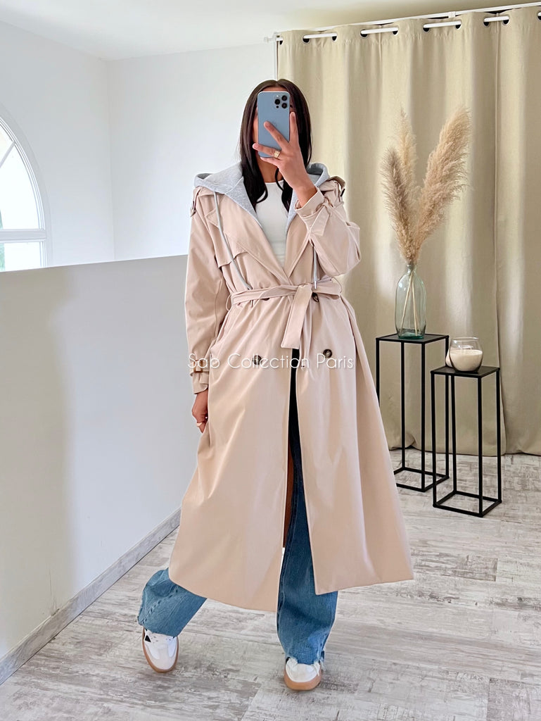 Trench Long À Capuche Beige