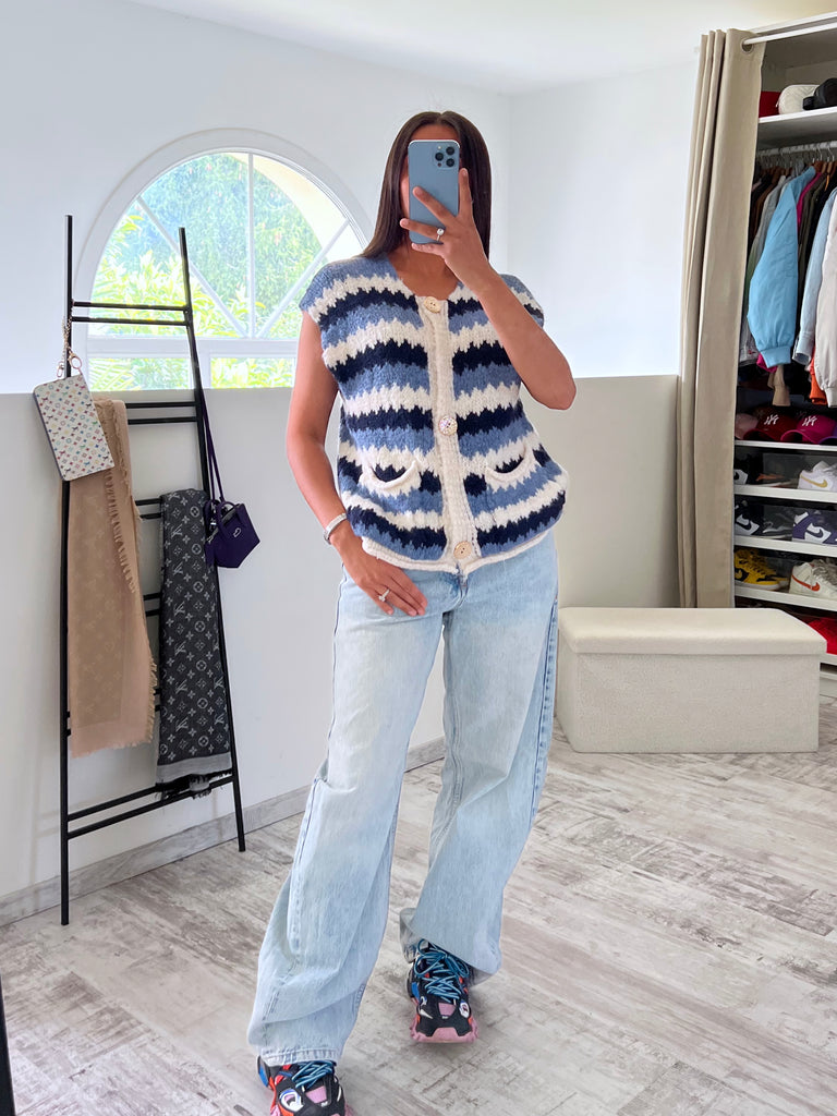 Maille Sans Manches Multicolore Bleu