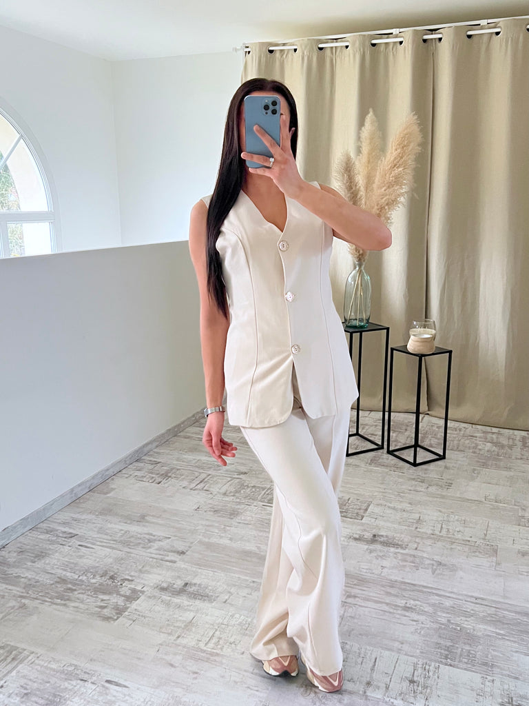 Ensemble Sans Manches Boutons Dorés Beige