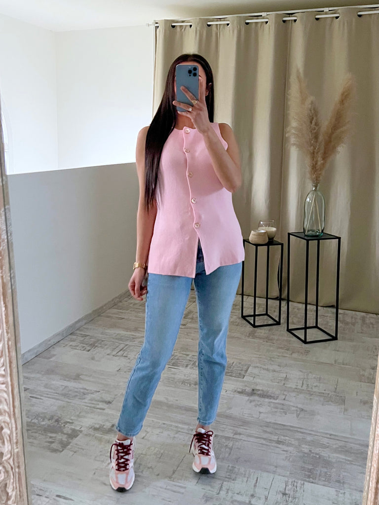 Top Maille Boutons Dorés Sans Manches Rose