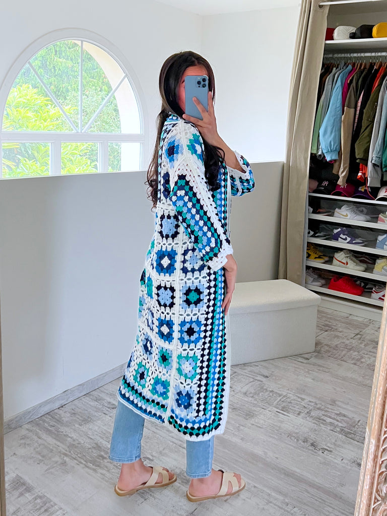 Gilet Long Crochet Multicolore Bleu