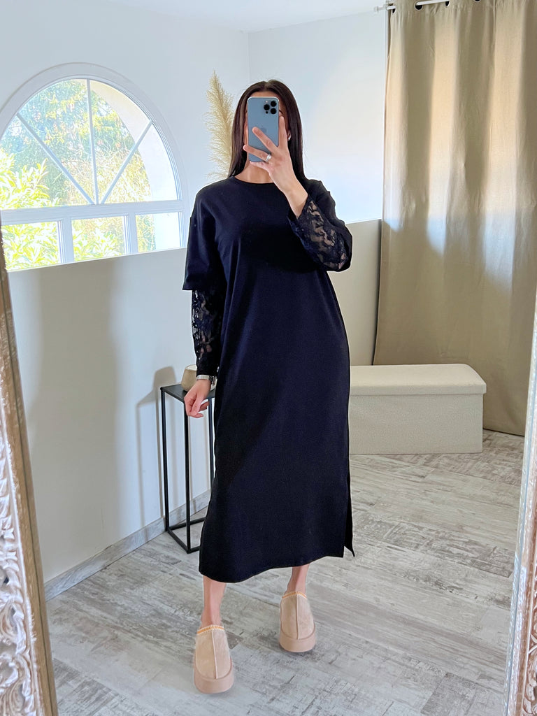 Robe Manches Dentelles Noir
