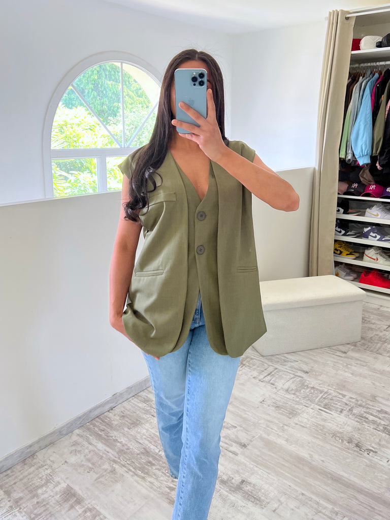 Gilet Blazer Sans Manches Kaki