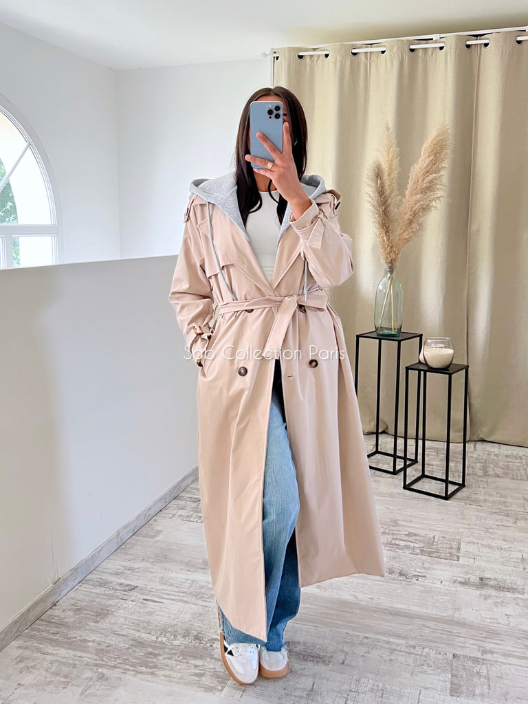 Trench Long À Capuche Beige