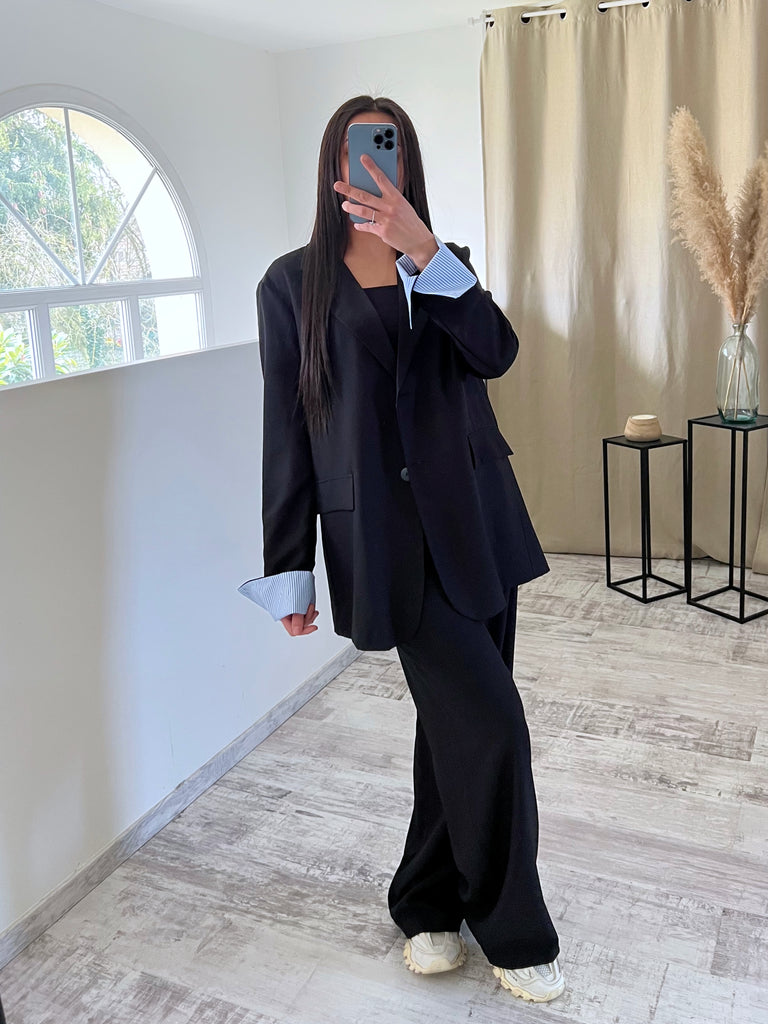 Ensemble Blazer/Pantalon Revers Noir/Bleu
